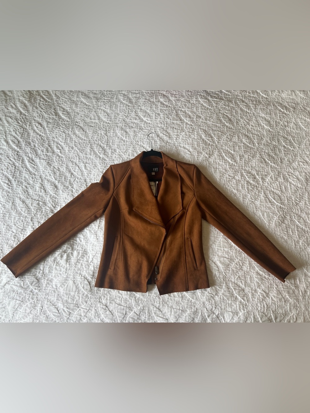 Kut from the Kloth Carina Faux Suede Drape Moto Jacket in shade Whiskey